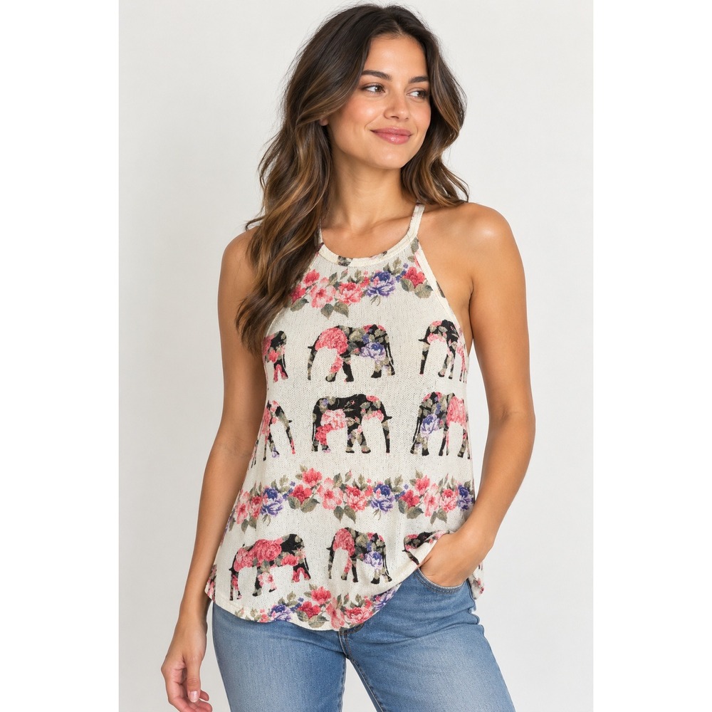 Cottagecore Elephant Floral Halter Top Womens M Boho Knit Cream Pink